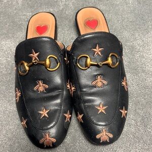 Black Leather Mules with Gold Accents